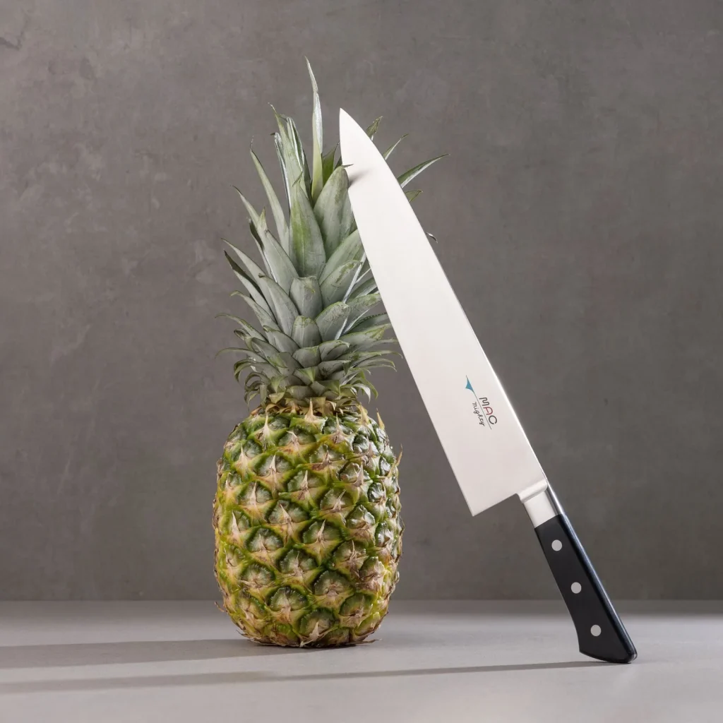 En kokkekniv fra MAC Professional-serien står i en hel ananas, mot grå bakgrunn.